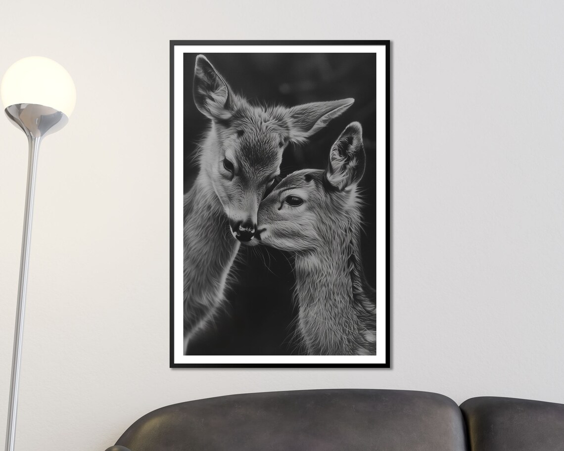 Tender Deer Pair Nuzzling Black And White Heartwarming Wildlife Art Poster