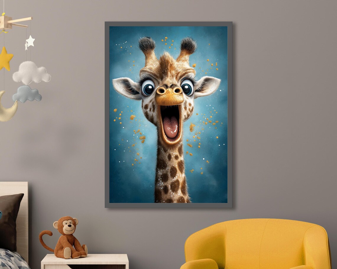 Funny Baby Giraffe Cartoon Big Eyes Blue Nursery Kids Room Art Poster