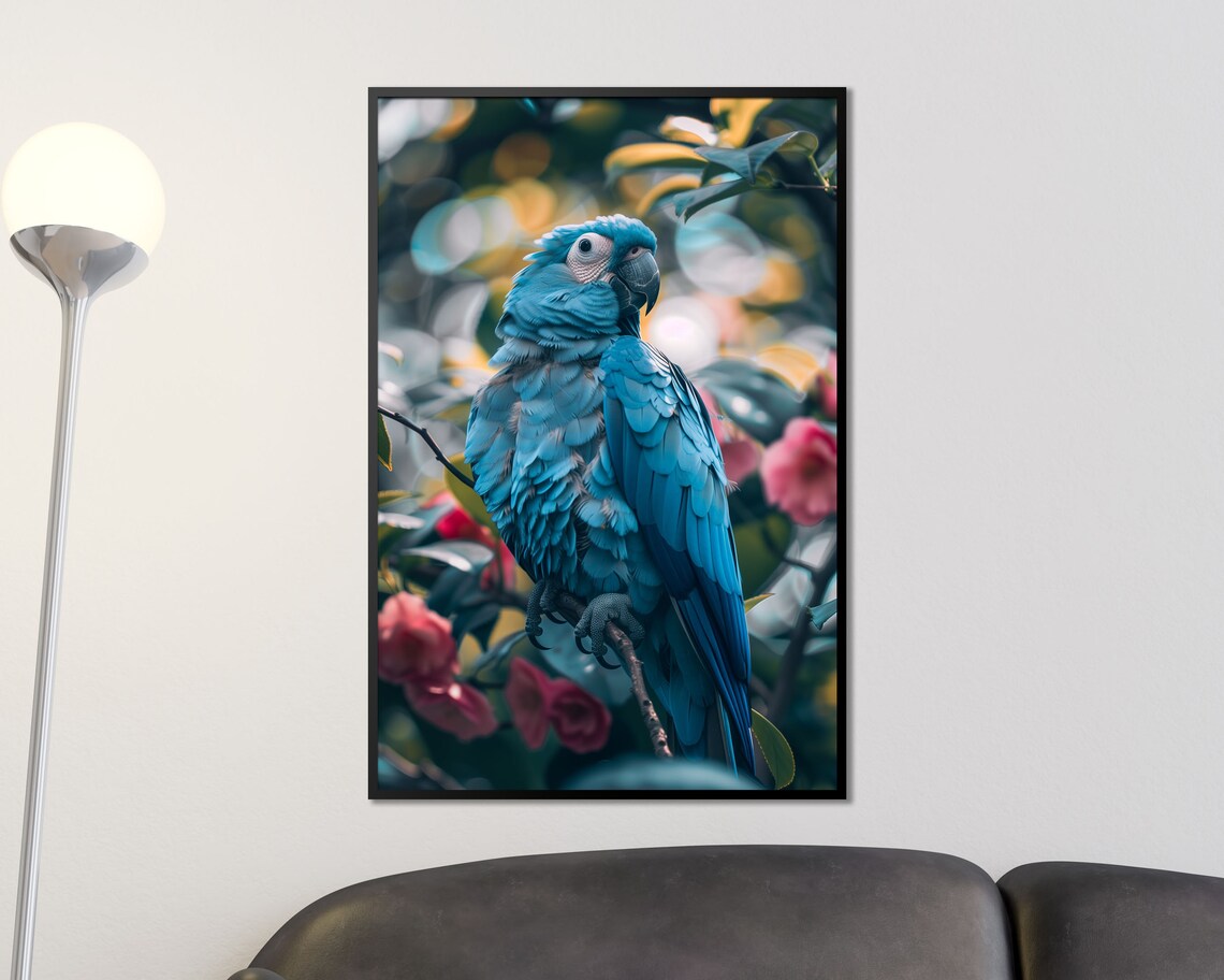 Vivid Blue Parrot Perched on Flower Branch Tropical Bird Photo Poster - Image 2