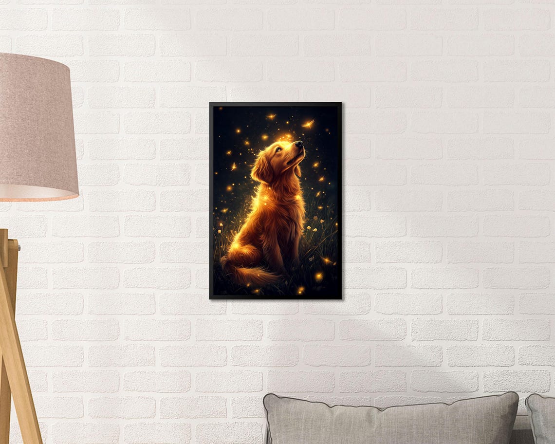 Golden Retriever Watching Fireflies Magical Night Sky Wall Art - Image 2