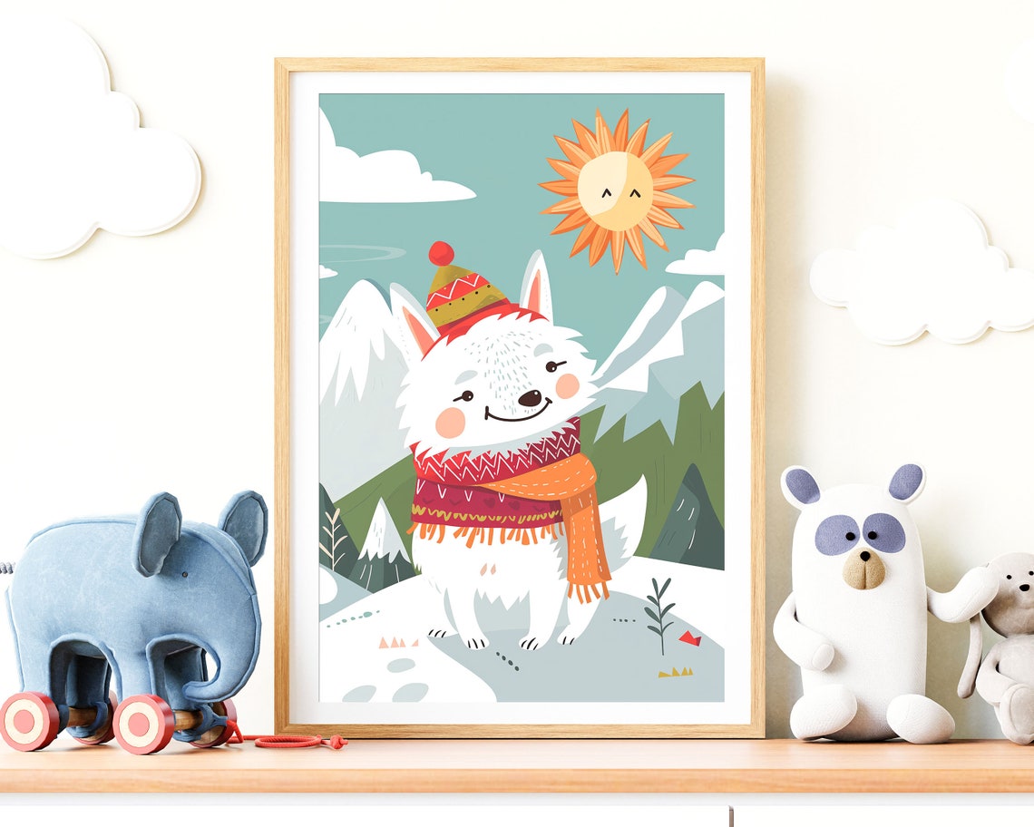Smiling White Dog Winter Hat Scarf Mountain Cartoon Kids Wall Art
