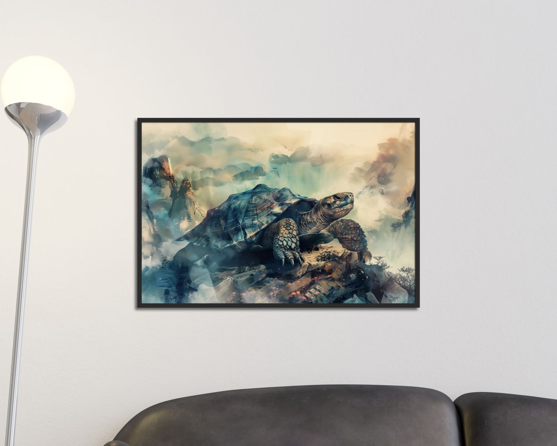 Ancient Tortoise Watercolor Blue Mountain Mist Zen Nature Art Poster - Image 3