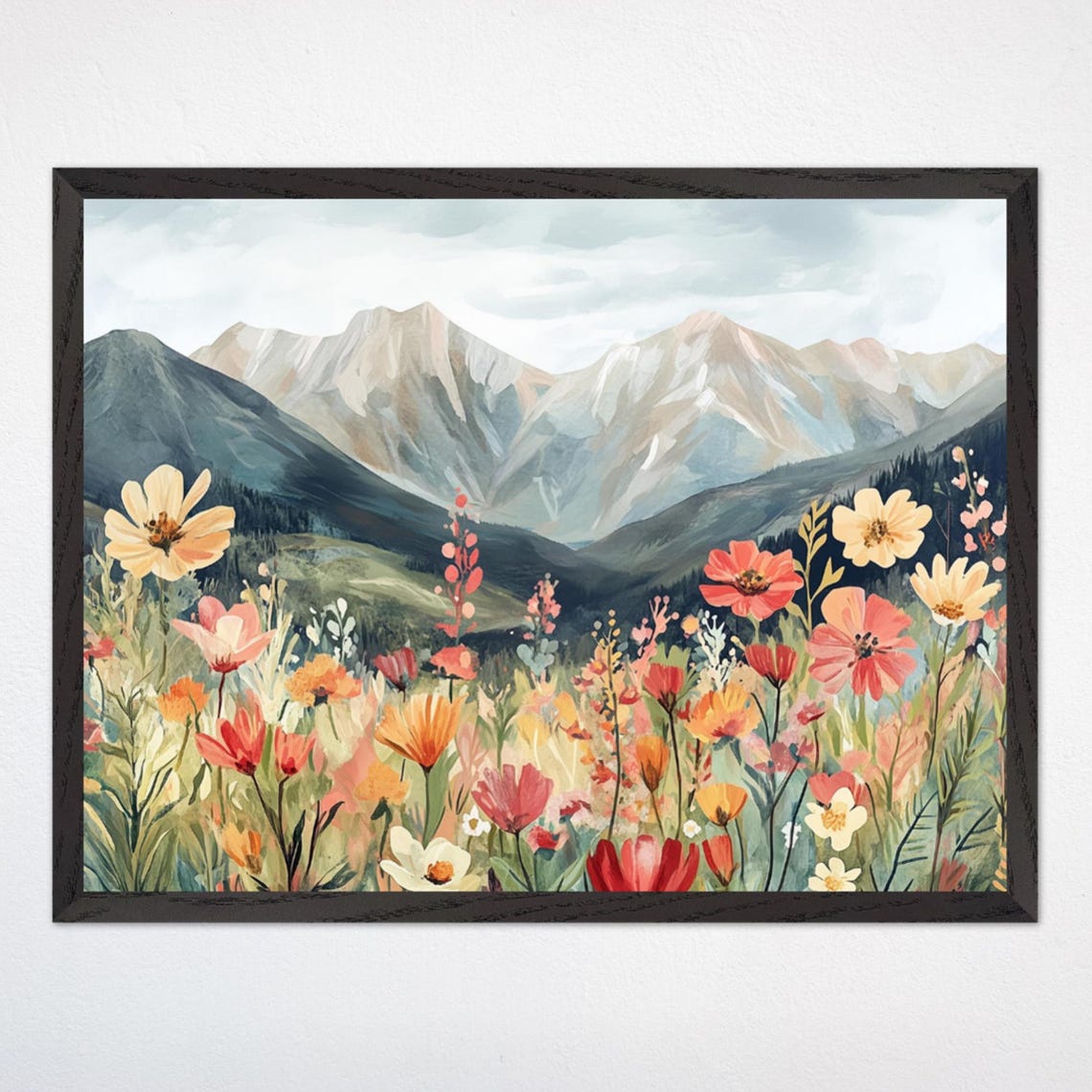 Wildflower Meadow and Snowy Mountain Valley Floral Nursery Poster