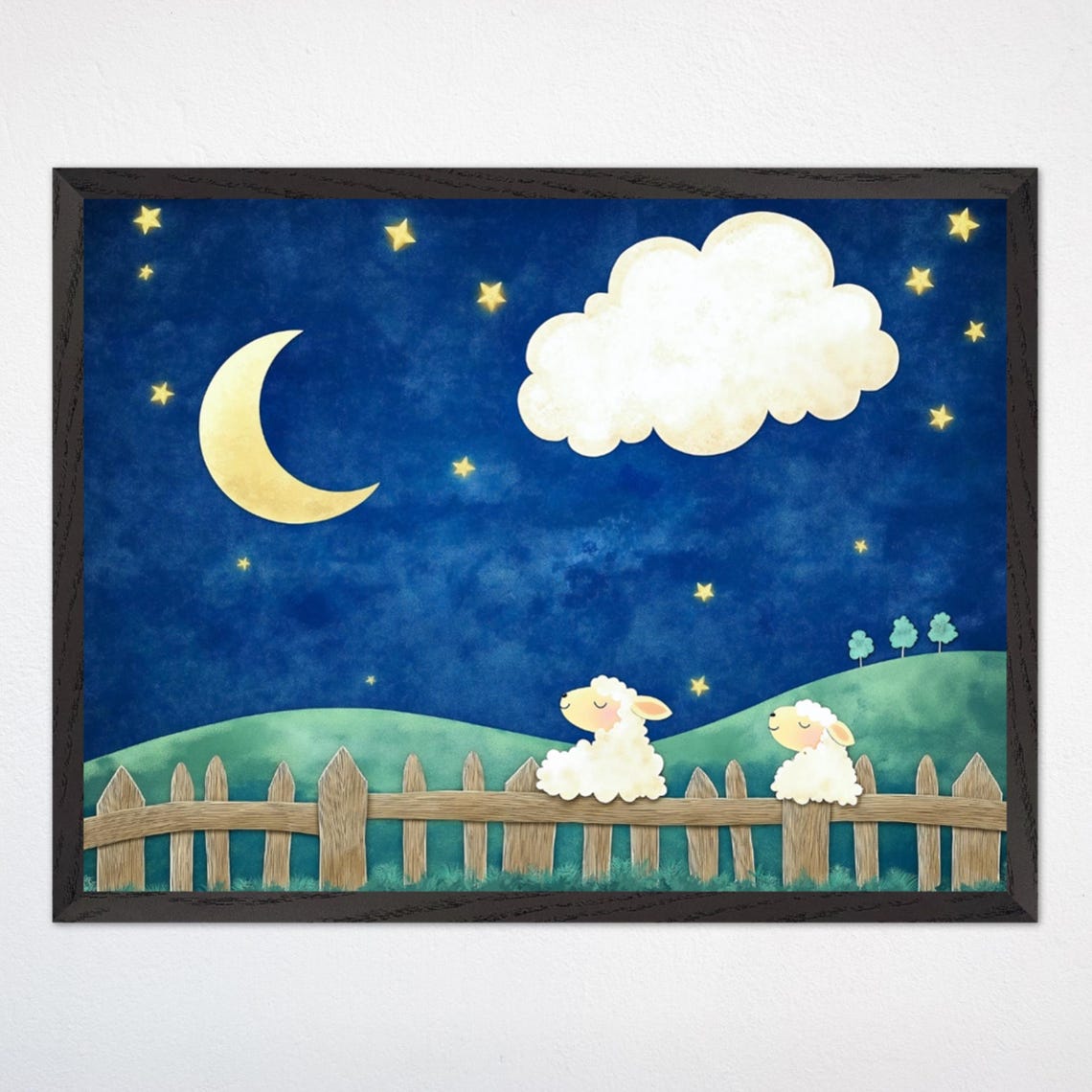 Sleeping Sheep Under a Crescent Moon and Stars Night Sky Poster