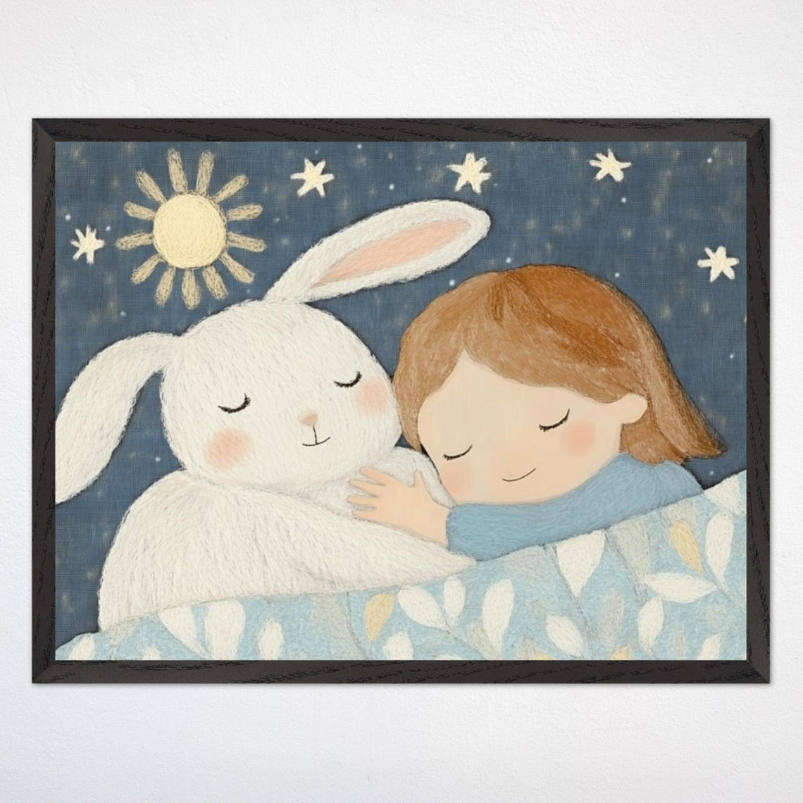 Girl Sleeping with Bunny Under Moon and Stars Nursery Poster