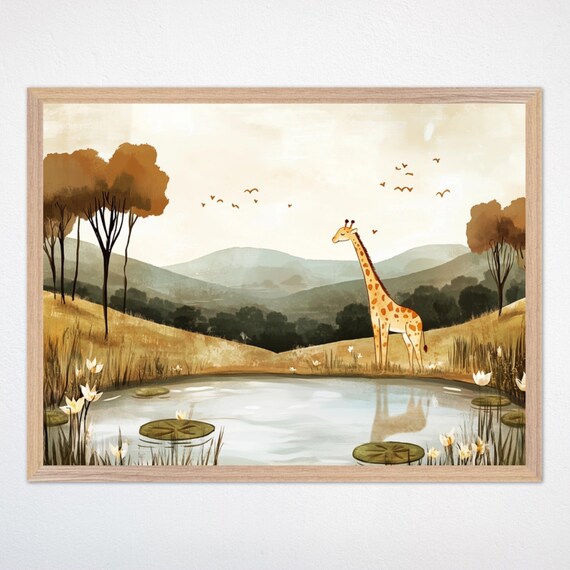 Giraffe by Water Lily Pond in Safari Landscape Nursery Poster