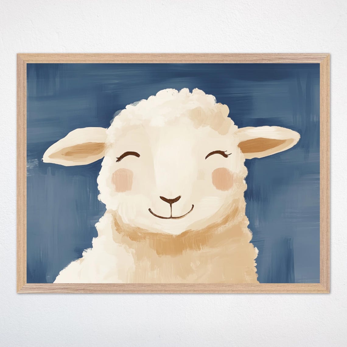 Smiling Lamb Portrait on a Navy Blue Background Nursery Animal Poster