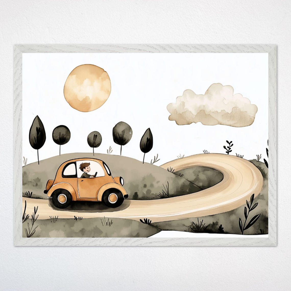 Boy Driving Vintage Orange Car on Winding Road Nursery Poster
