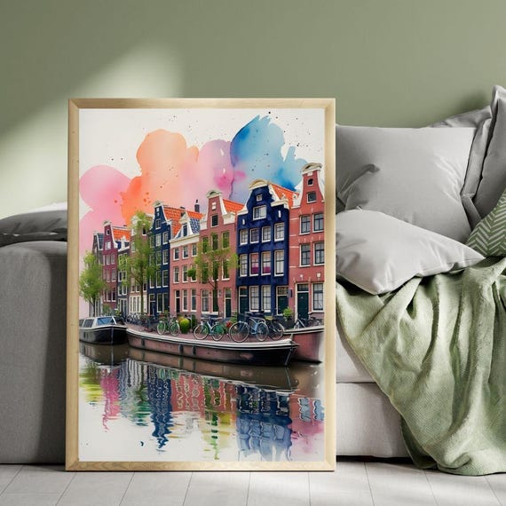 Amsterdam Canal House Watercolor Print Vintage Cityscape Sketch
