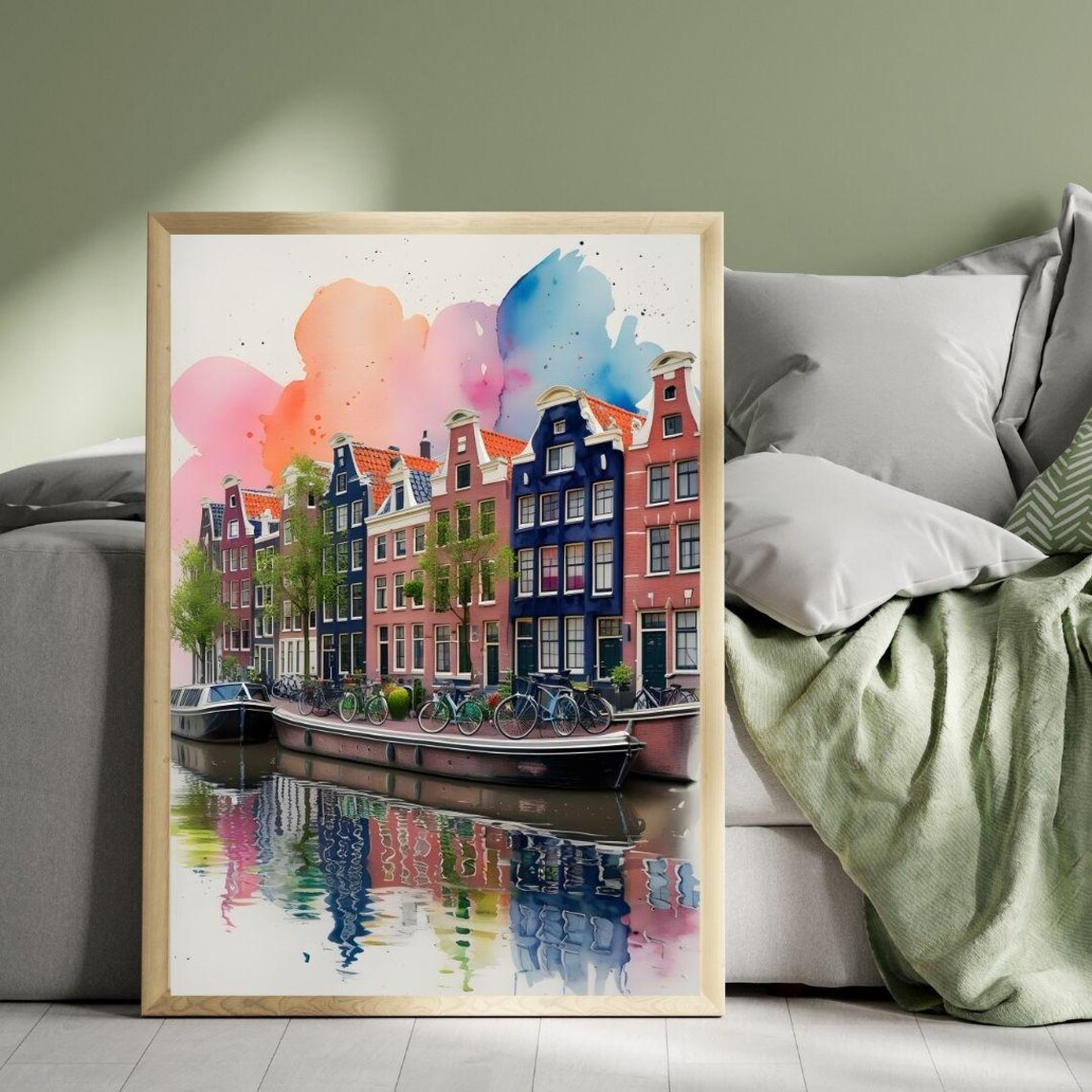 Amsterdam Canal Houses Bicycles Watercolor Sketch Netherlands Poster