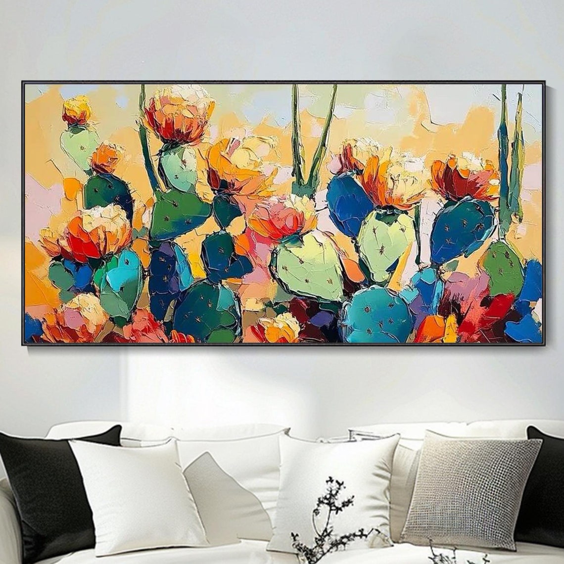 Colorful Blooming Prickly Pear Cactus Impasto Desert Art Poster
