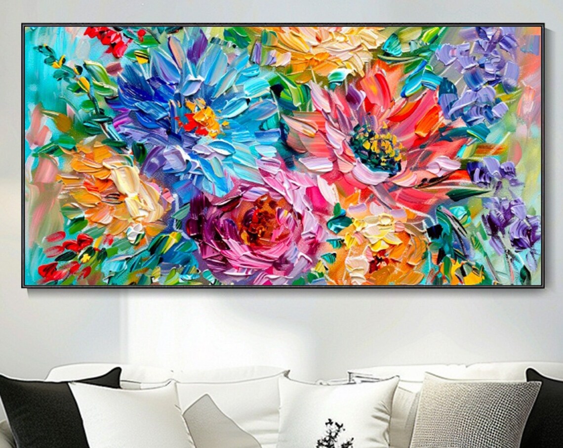 Vibrant Blue Pink Peony Bouquet Impasto Floral Oil Painting Poster