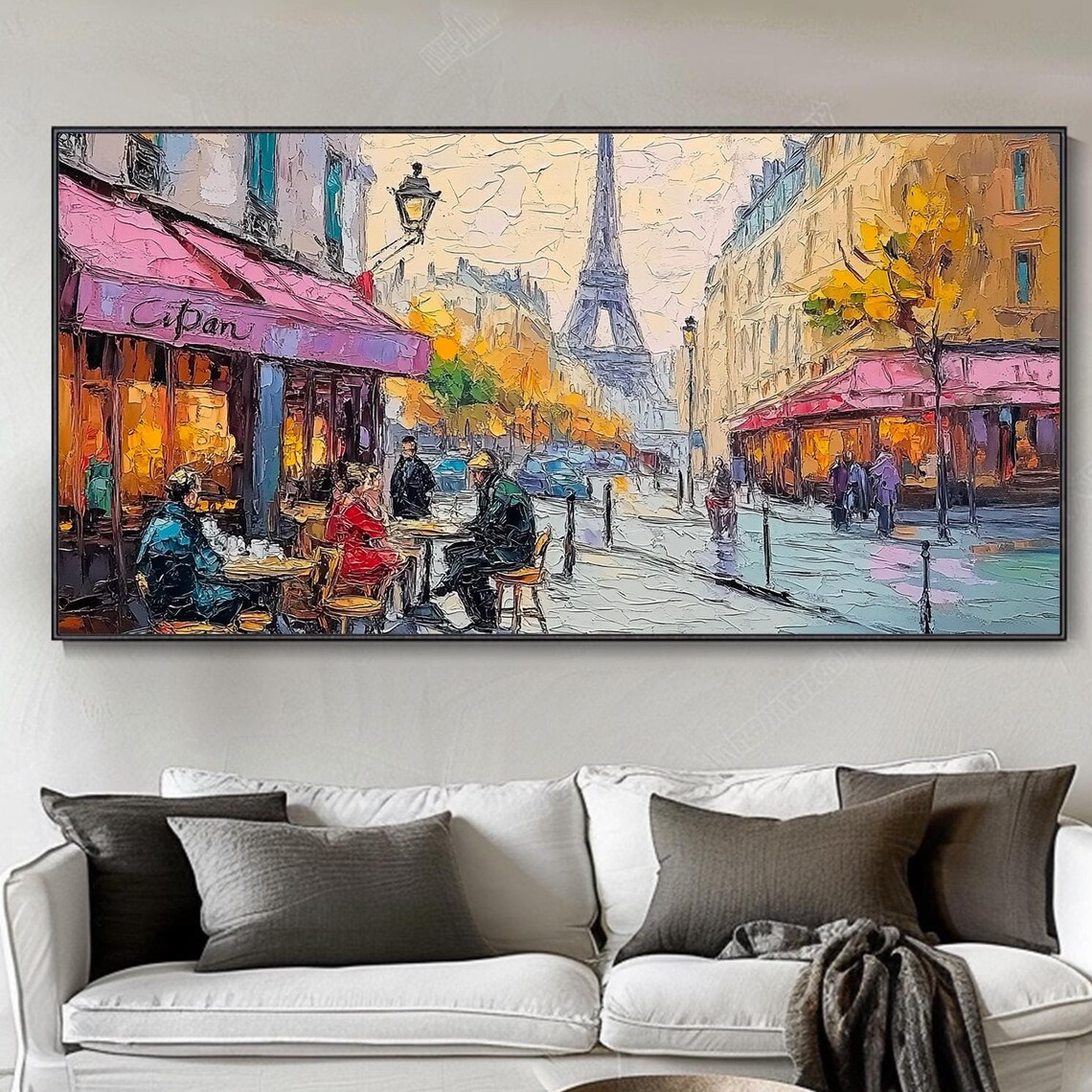 Paris Café Street Eiffel Tower Pink Awning Cityscape Art Poster