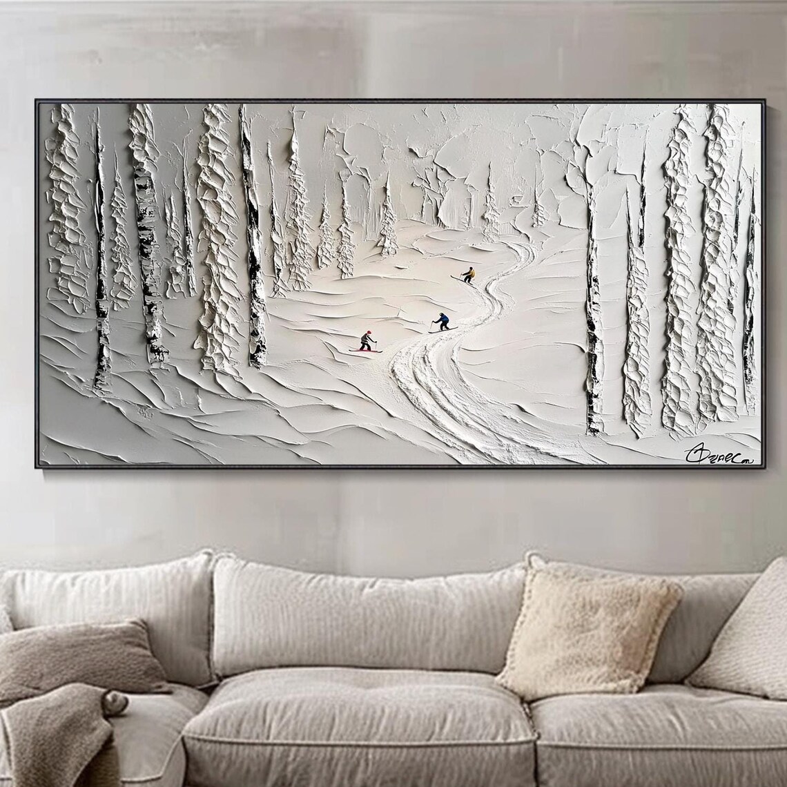 Snowy Forest Skiers White Monochrome Winter Ski Trail Art Poster - Image 4