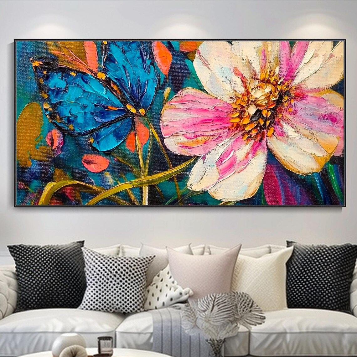 Blue Butterfly Pink Blossom Textured Impasto Floral Art Poster