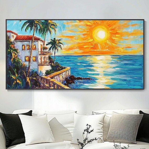 Original Vibrant Coast Art Sunrise Seascape Decor 3d Thick Texture Knife Painting Hand Modern Oil Painting Living Room Wall Art