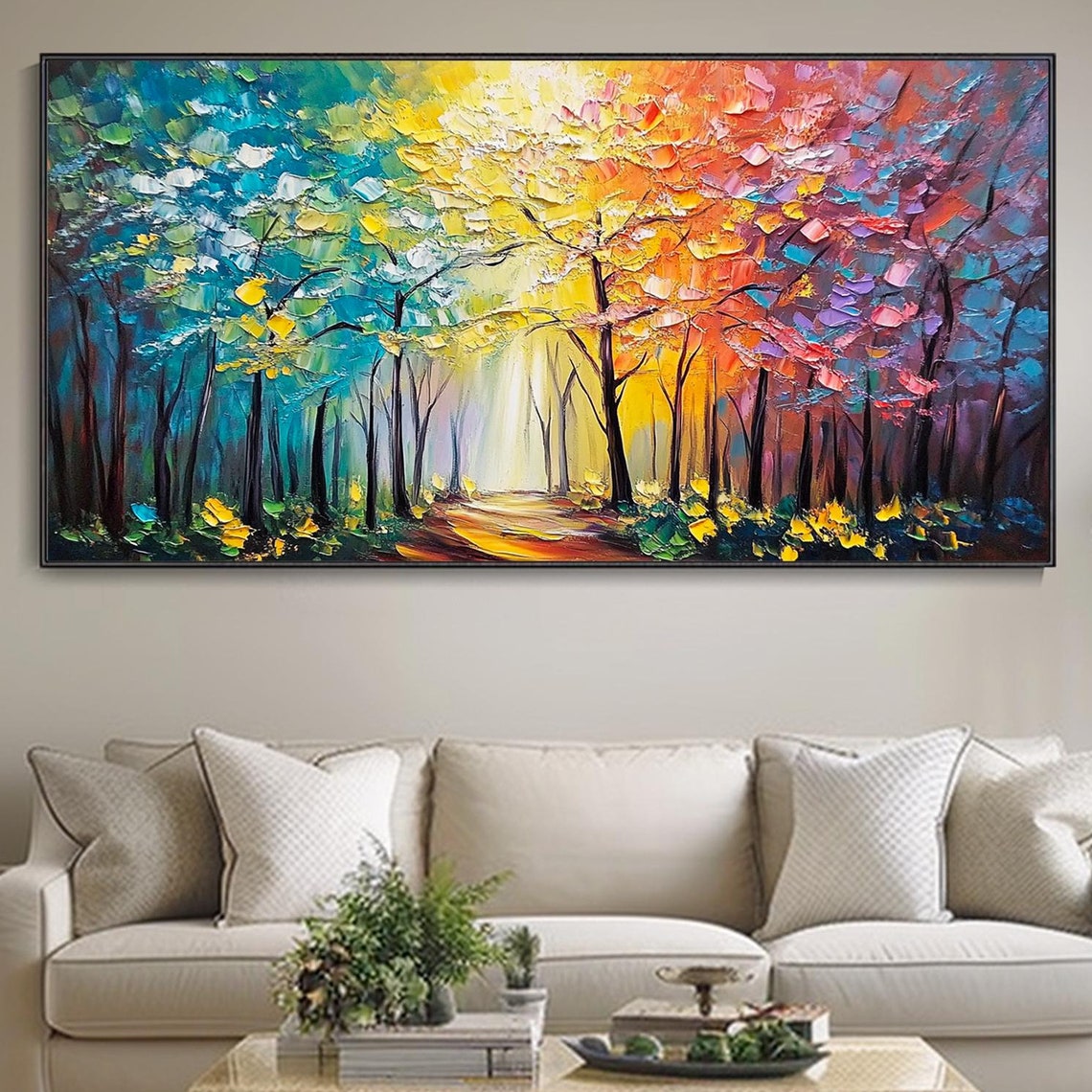Rainbow Autumn Forest Path Sunlight Canopy Impasto Art Poster