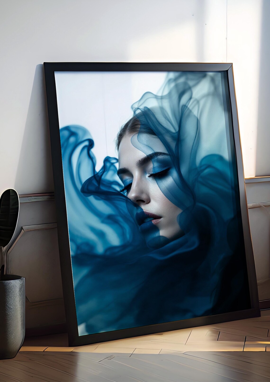 Woman Veiled in Flowing Blue Smoke Dramatic Profile Wall Poster - Image 2