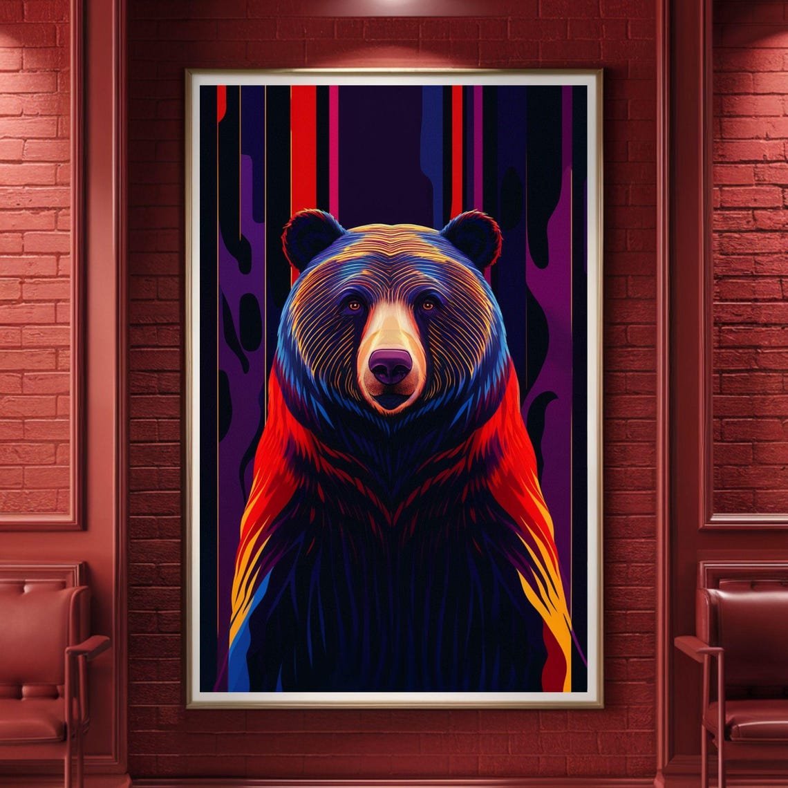 Neon Bear Portrait Red Blue Striped Modern Bold Wildlife Poster