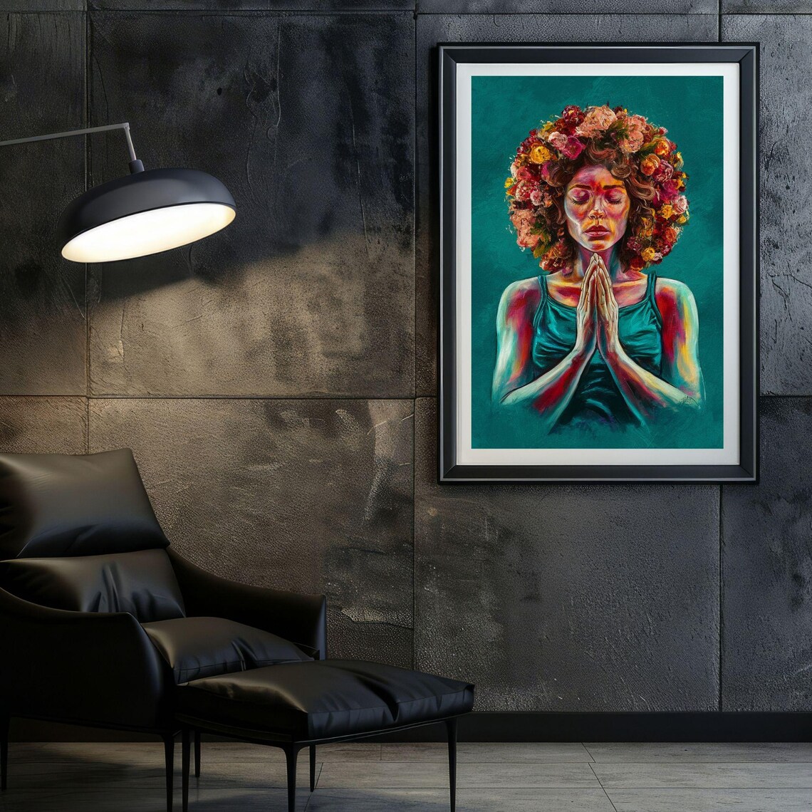 Praying Woman With Floral Halo Portrait Spiritual Meditation Art Poster - Image 4