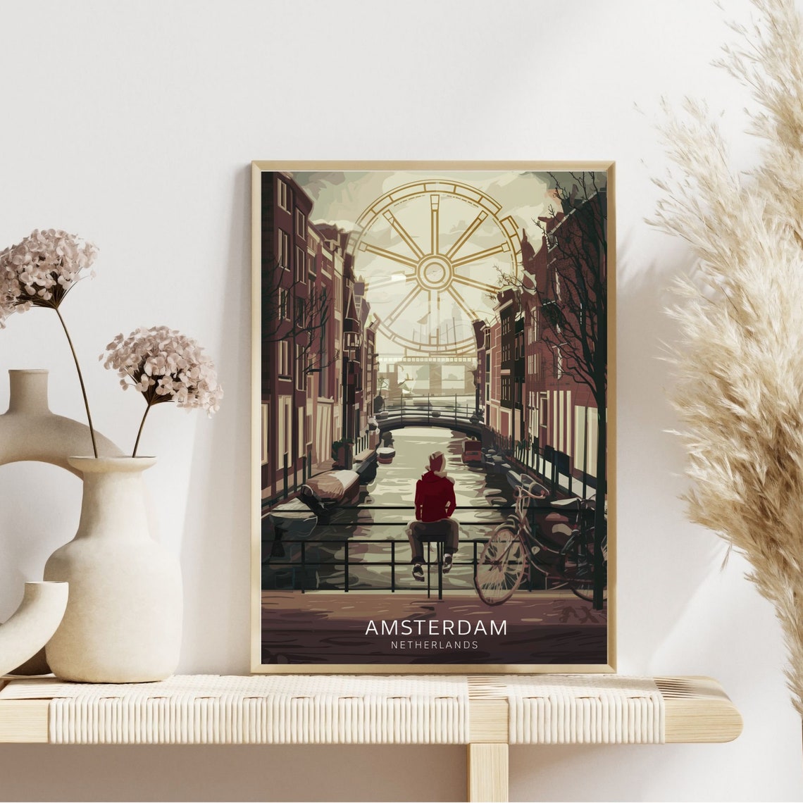 Amsterdam Canal Bridge Bicycle Netherlands Vintage Travel Poster - Image 4