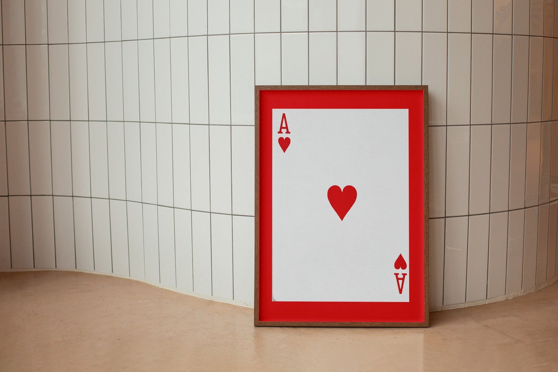 Ace Of Hearts Playing Card Red Border Retro Game Room Decor Poster