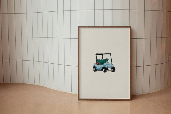 Golf Cart Line Drawing Green Clubhouse Ride Minimalist Golf Lover Poster