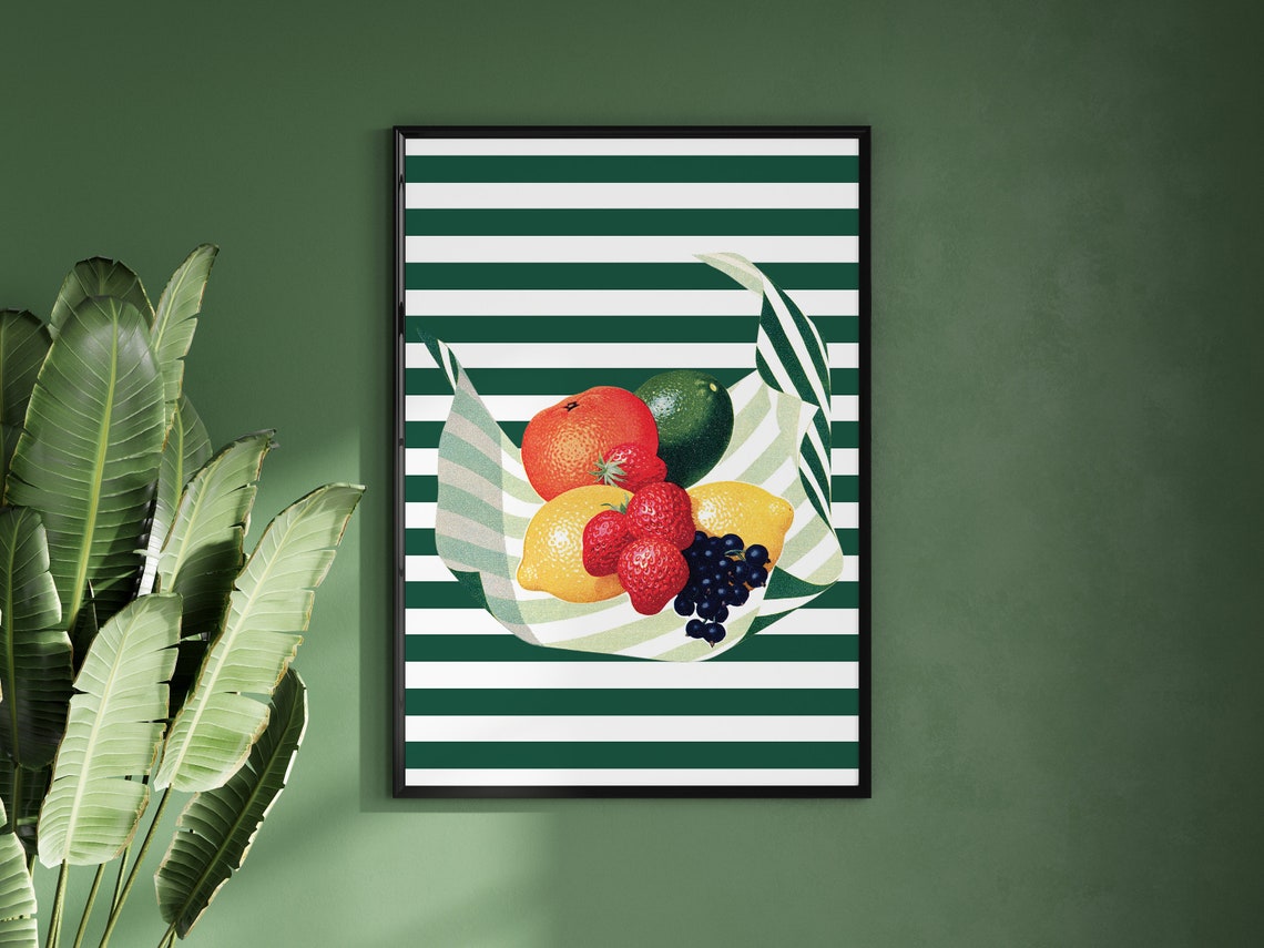 Retro Fruit Bag Strawberry Citrus Green Striped Kitchen Poster