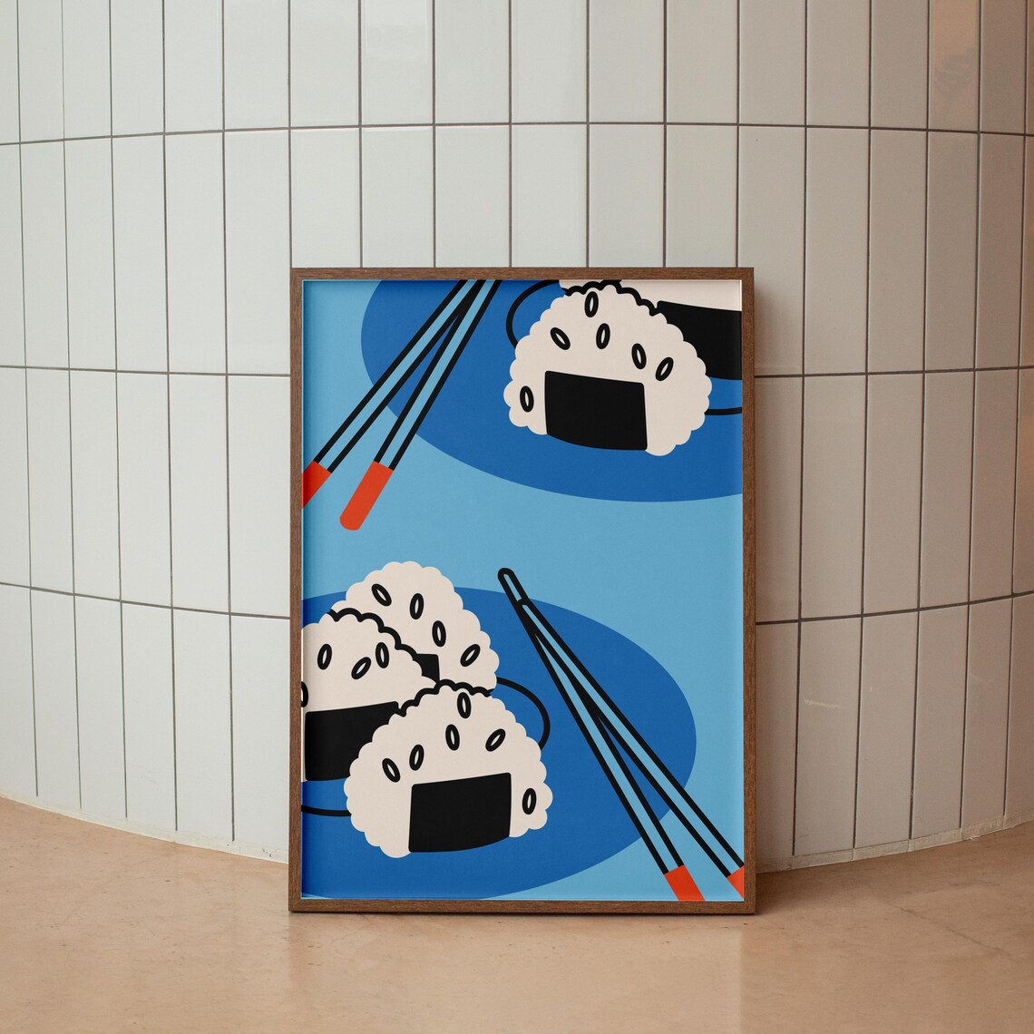 Cute Onigiri Sushi Illustration Blue Plates Chopsticks Foodie Kitchen Poster
