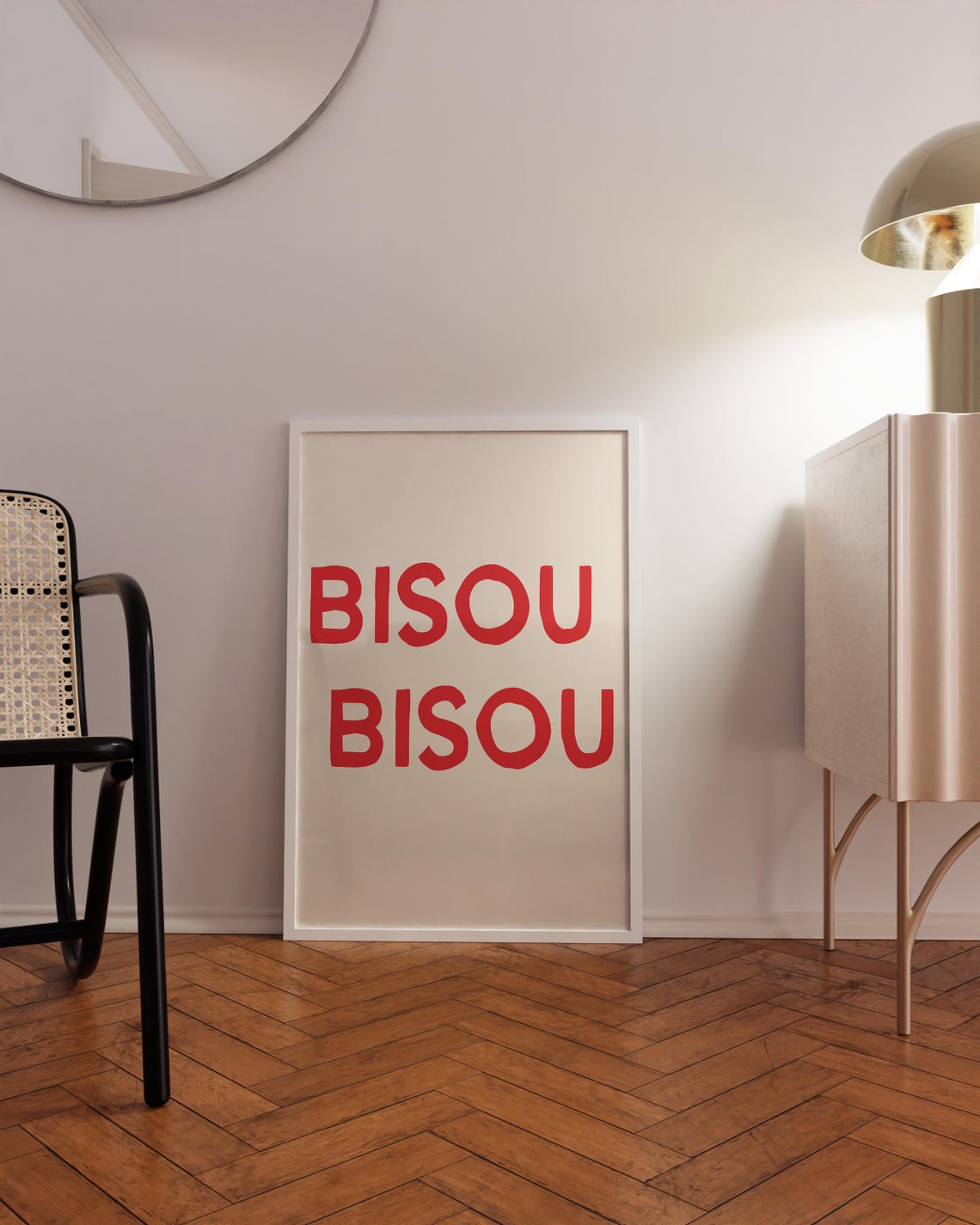 Bisou Bisou French Red Letters Cream Hand Drawn Quote Poster