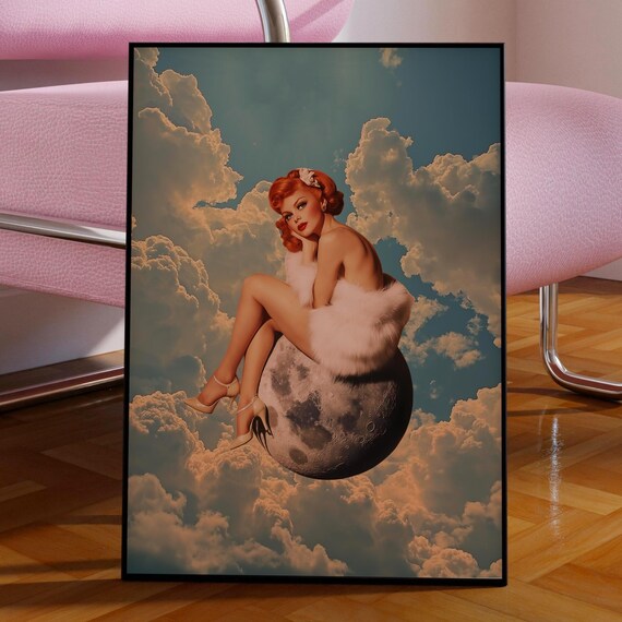 Retro Surreal Moon Art Print Vintage Space Collage
