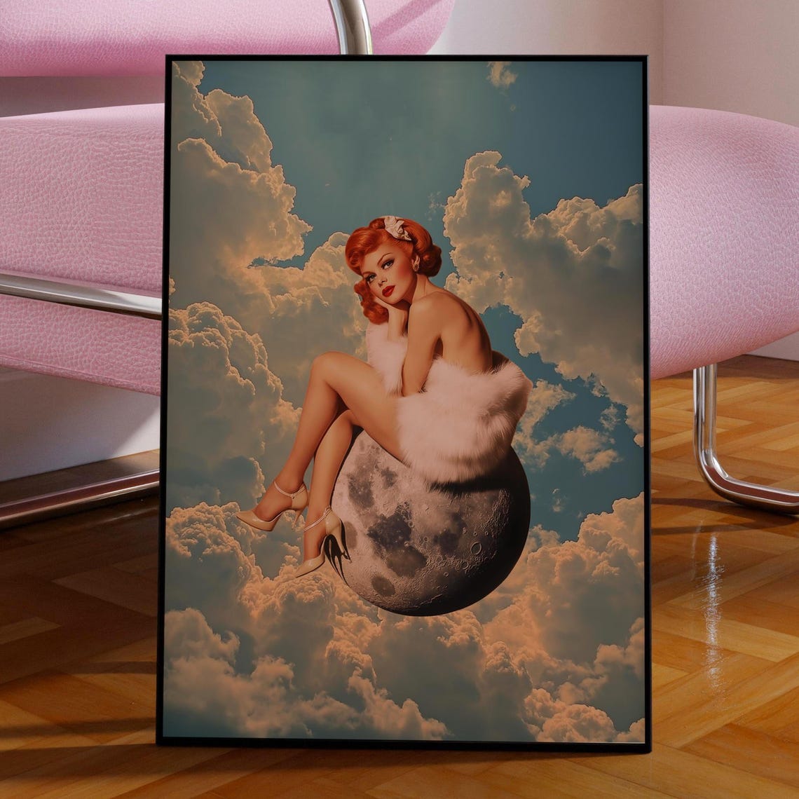 Retro Surreal Moon Art Print Vintage Space Collage