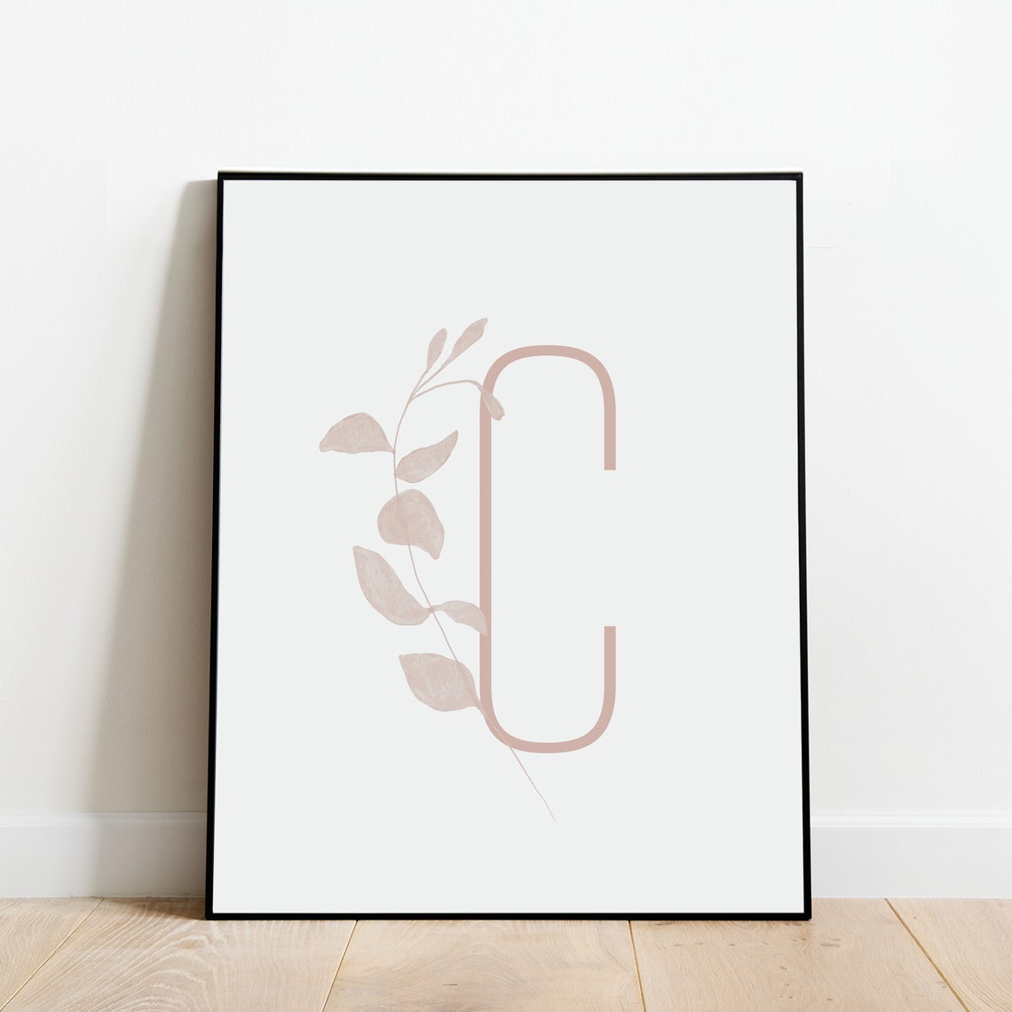 Letter C Botanical Initial Print with Delicate Gray Leaf Sprig Design - Image 2