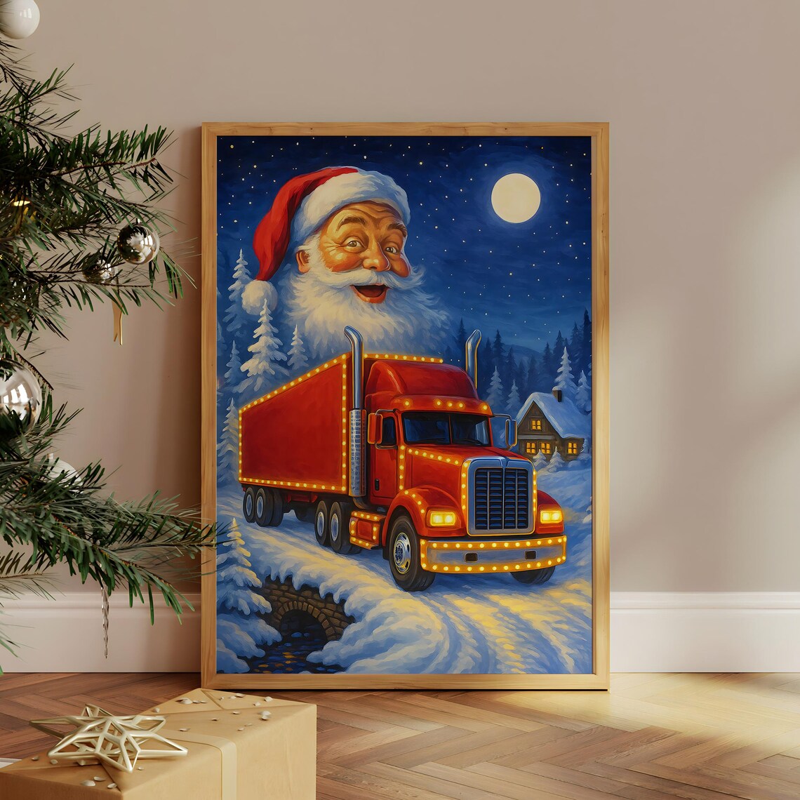 Santa Claus Red Semi Truck Snowy Night Christmas Holiday Poster