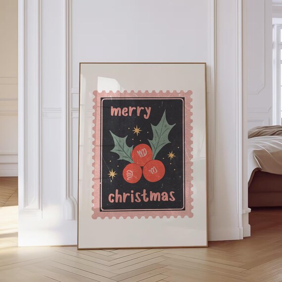 Merry Christmas Pink Postage Stamp Holly Berry Holiday Poster