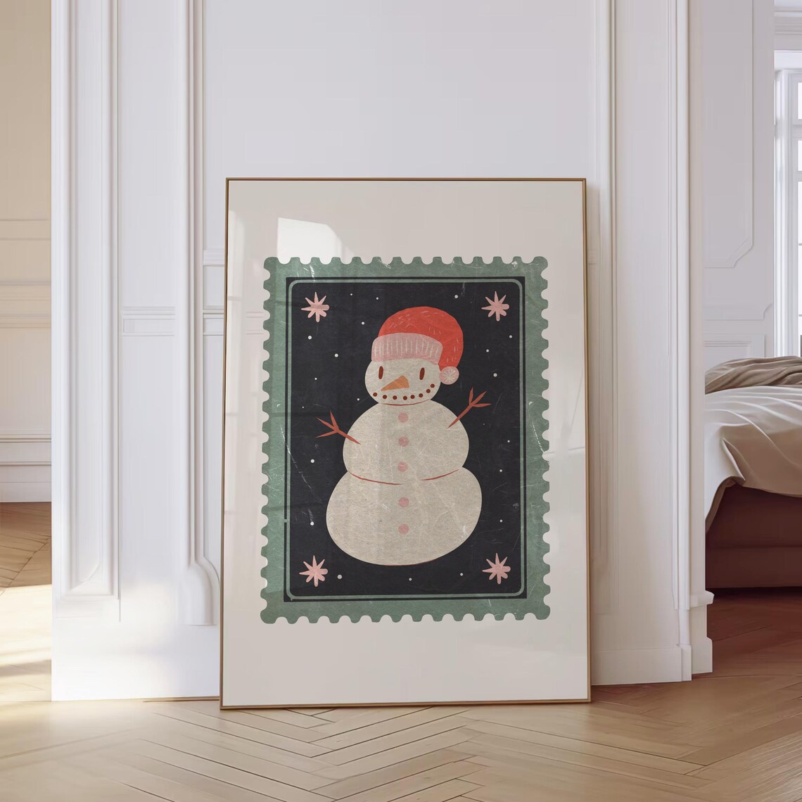 Retro Christmas Post Stamp Snowman Holiday Art Print