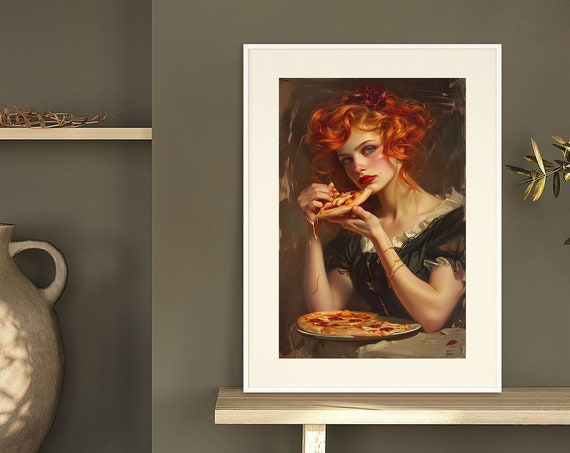 Amber Delight Red Haired Beauty And Pizza Pleasures Oil Painting Of A Pizza Poster
