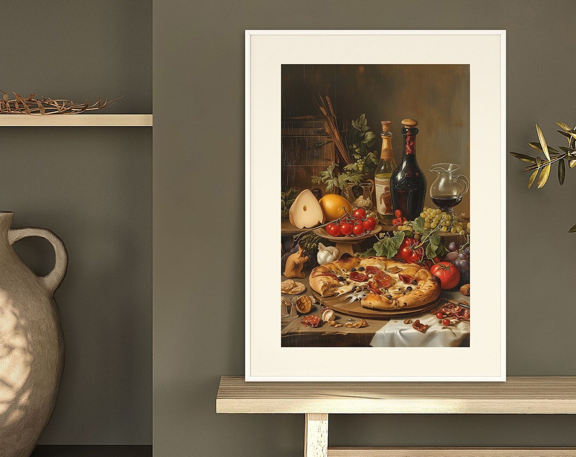 Rustic Italian Still Life With Pizza Wine Grapes and Fruit Poster