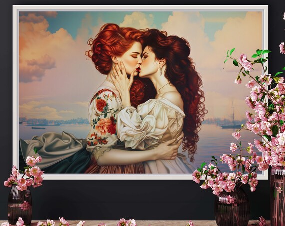 Romantic Redhead Couple Kiss Vintage Painterly Romance Art Portrait Poster