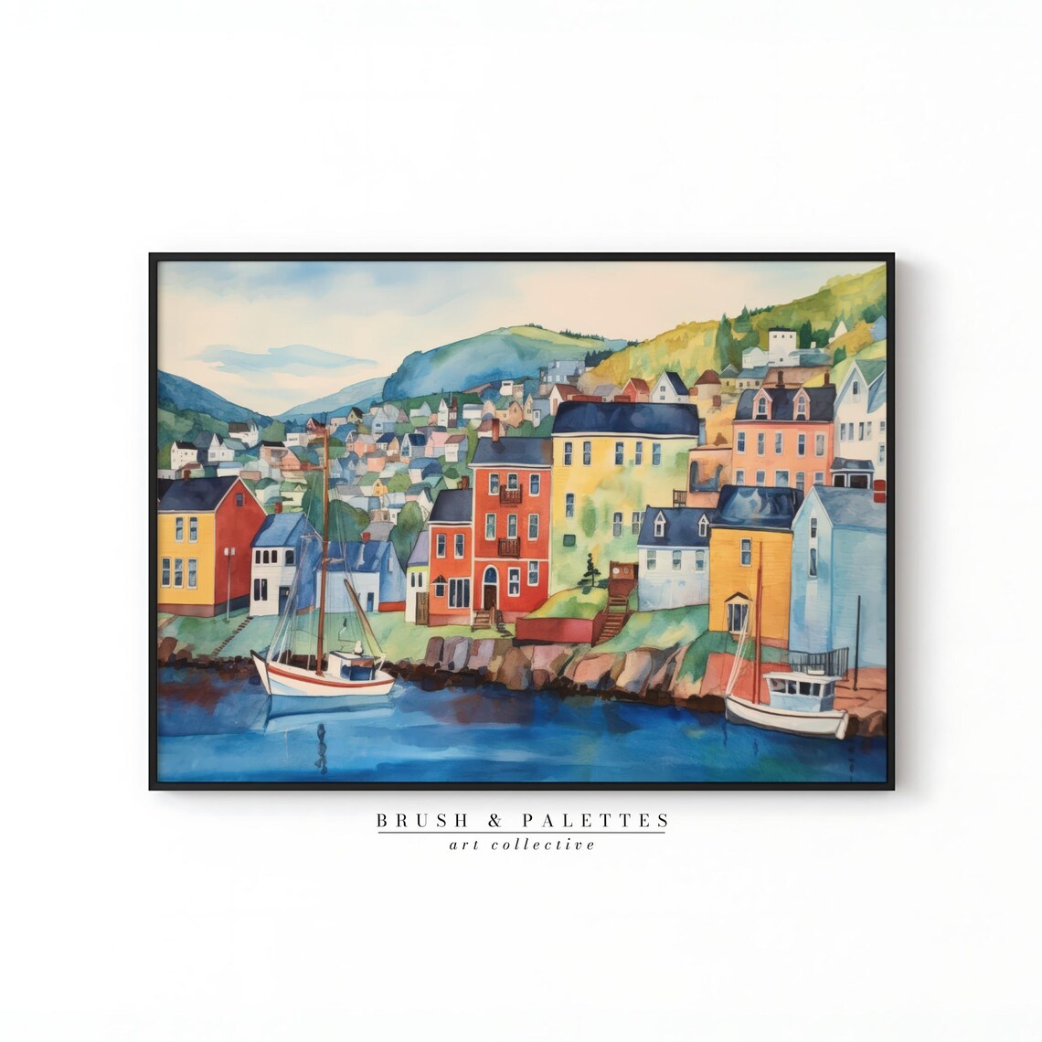Colorful Harbor Village Houses Fishing Boats Waterfront Art Print