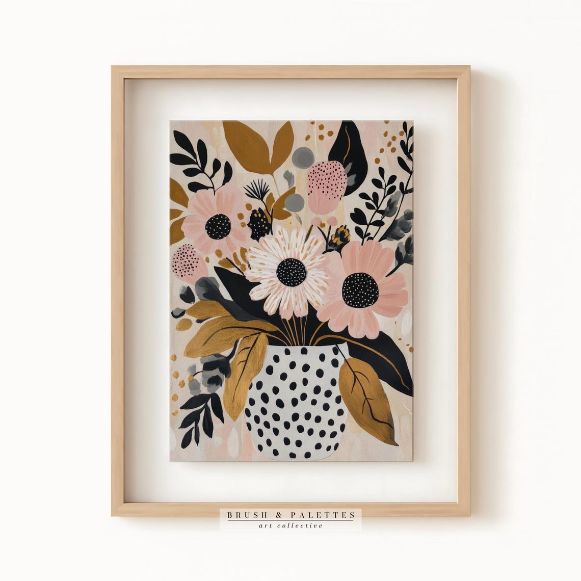 Pink Blooms In Polka Dot Vase Modern Botanical Floral Art Print