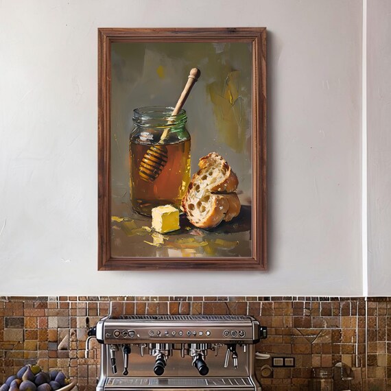Rustic Honey Jar Bread and Butter Kitchen Oil Still Life Poster