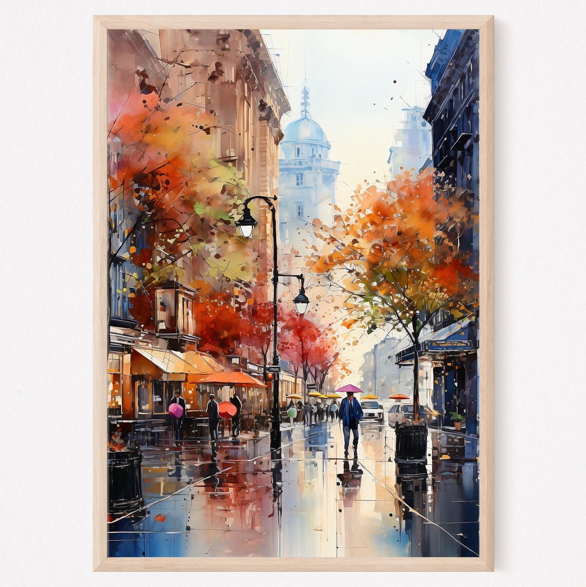 New York City Rainy Autumn Street Umbrellas Watercolor Urban Wall Art