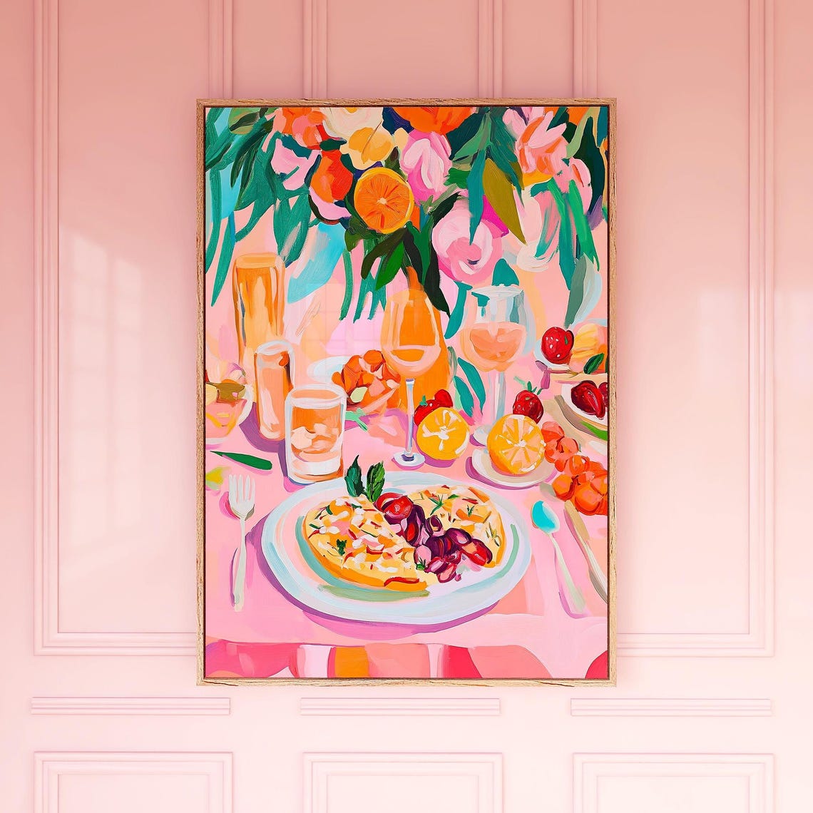 Pink Floral Brunch Table Setting Colorful Still Life Wall Art