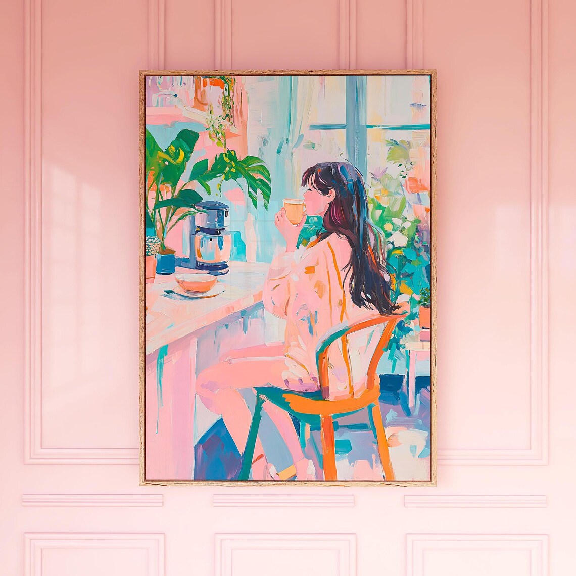 Woman Sipping Coffee Bright Kitchen Window Colorful Wall Art