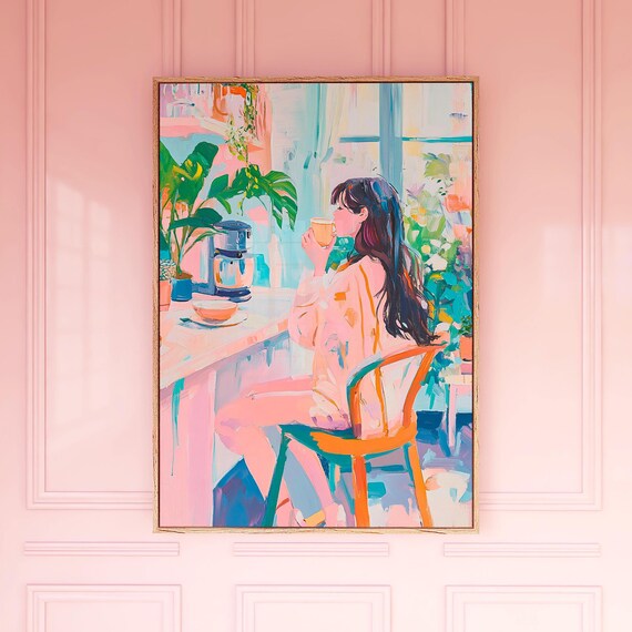 Woman Sipping Coffee Bright Kitchen Window Colorful Wall Art