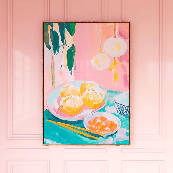 Steamed Pork Buns Dim Sum Pastel Kitchen Illustration Poster
