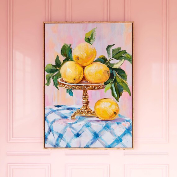 Bright Lemons Still Life on Golden Pedestal Kitchen Art Poster