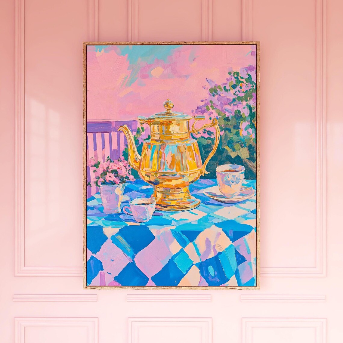 Golden Teapot Still Life Colorful Impressionist Pink Sky Tea Time Poster