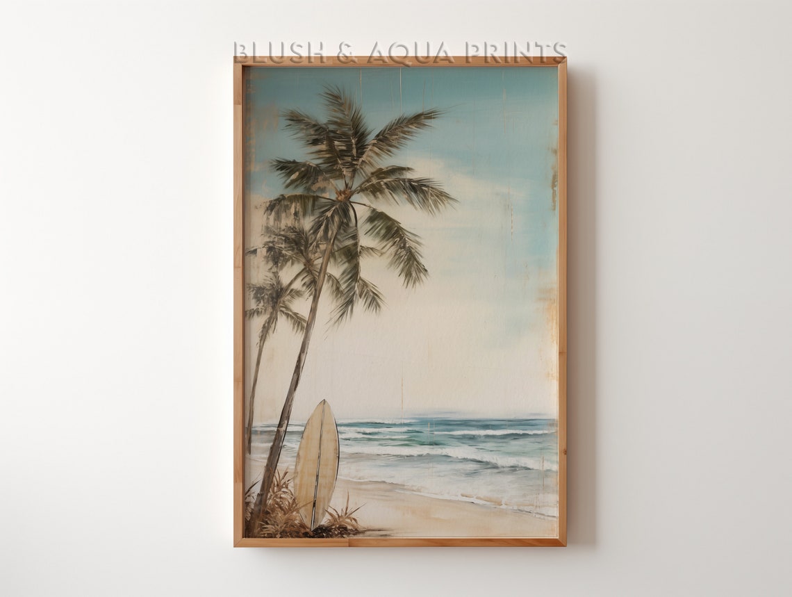 Vintage Beach Scene with a Surfboard and Palm Trees Coastal Poster